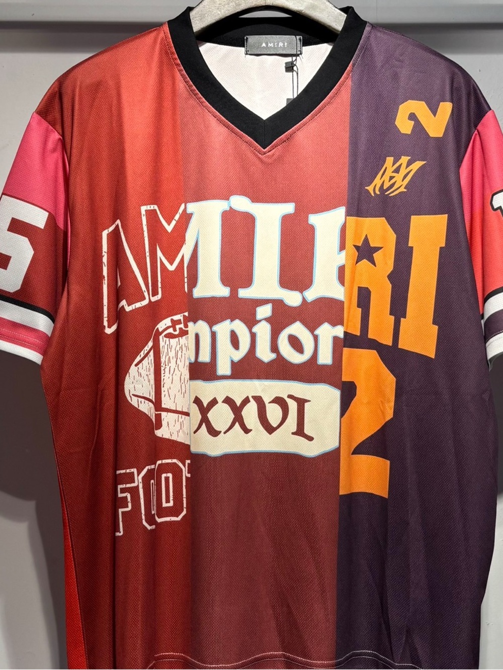 AMIRI Multi‑Color Split Cropped Graphic Jersey Tee — Red, Pink, Purple, Gold